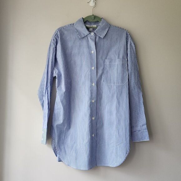 Magaschoni Women's Long Sleeve Striped Oversized Shirt | Cotton Blue White | NEW - Picture 4 of 12